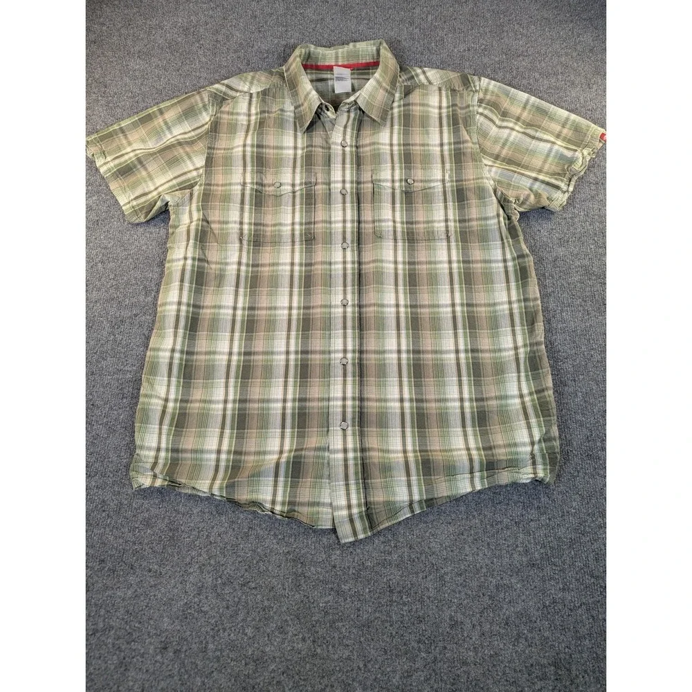The North Face Mens XL Green‎ Plaid Snap Front Short Sleeve Cotton Shirt 2442